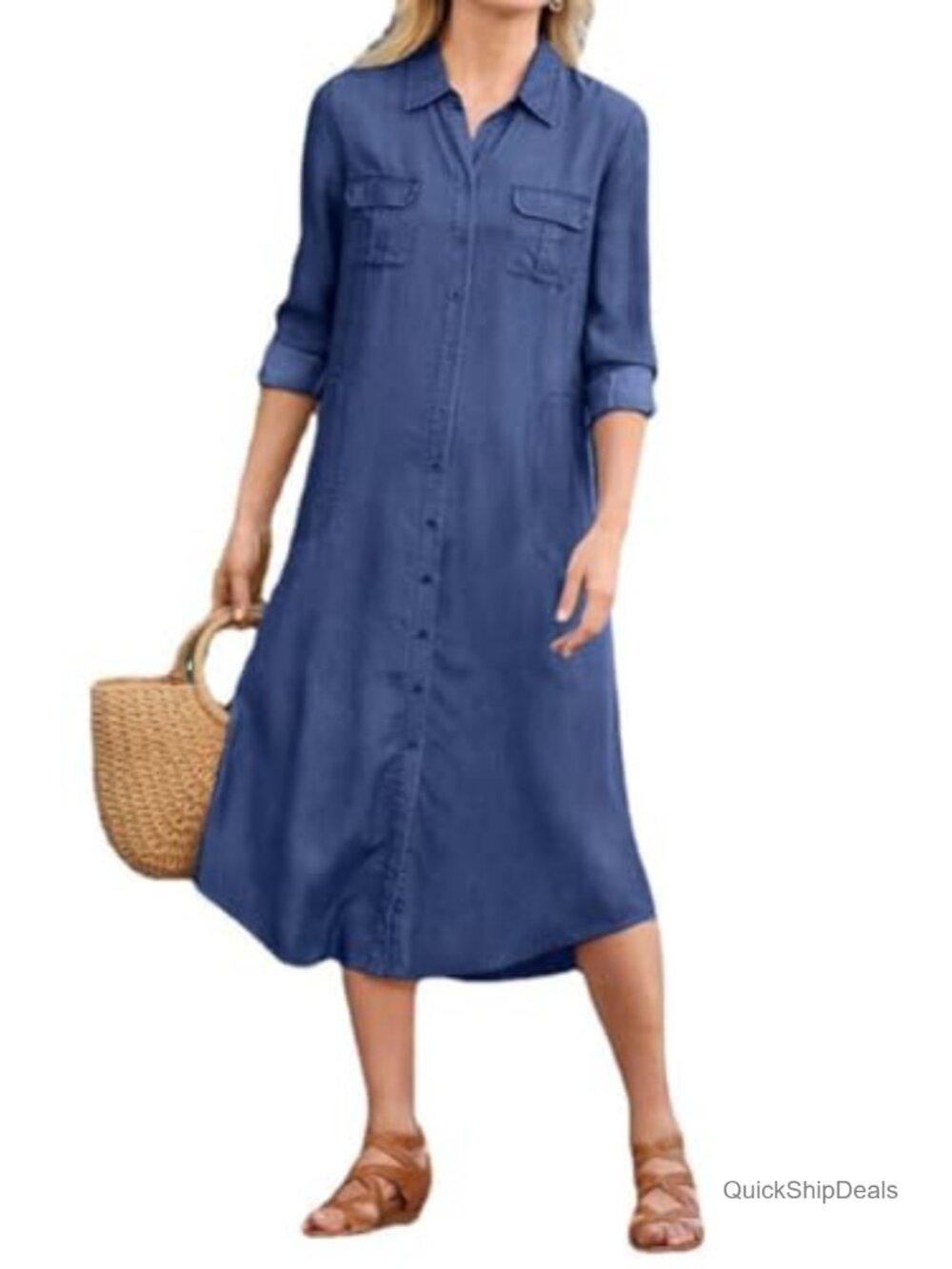 Women's Denim Shirt Dress Loose Fit Button Down Midi Long Tunic Jean Dress
